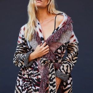 ANTHROPOLOGIE PALOMA FRINGED ANIMAL PRINT WRAP SWEATER CARDIGAN TOP BLACK SZ S